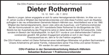 Traueranzeige von Dieter Rothermel von Echo-Zeitungen (Gesamtausgabe)