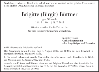 Traueranzeige von Brigitte Büttner von Darmstädter Echo, Odenwälder Echo, Rüsselsheimer Echo, Groß-Gerauer-Echo, Ried Echo