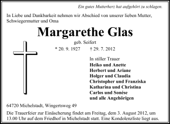 Traueranzeige von Margarethe Glas von Odenwälder Echo