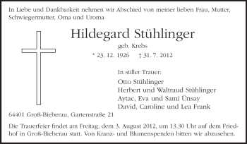 Traueranzeige von Hildegard Stühlinger von Darmstädter Echo, Odenwälder Echo, Rüsselsheimer Echo, Groß-Gerauer-Echo, Ried Echo