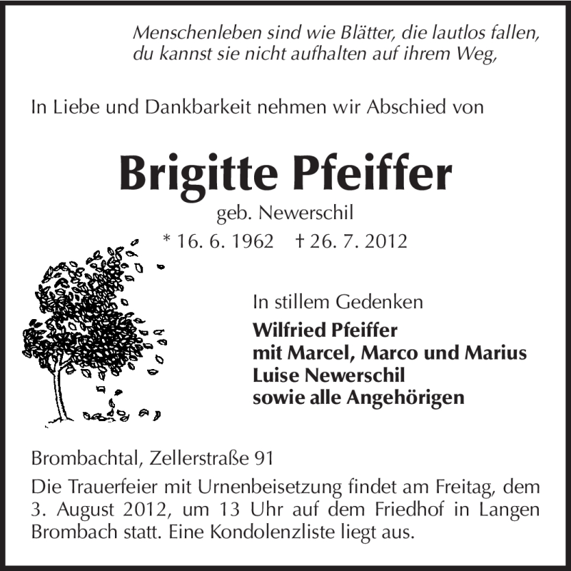  Traueranzeige für Brigitte Pfeiffer vom 01.08.2012 aus Odenwälder Echo