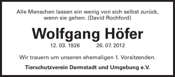 Traueranzeige von Wolfgang Höfer von Echo-Zeitungen (Gesamtausgabe)