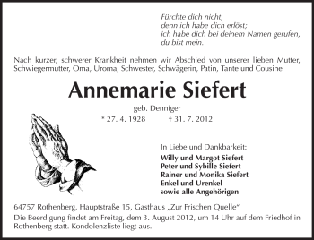 Traueranzeige von Annemarie Siefert von Odenwälder Echo