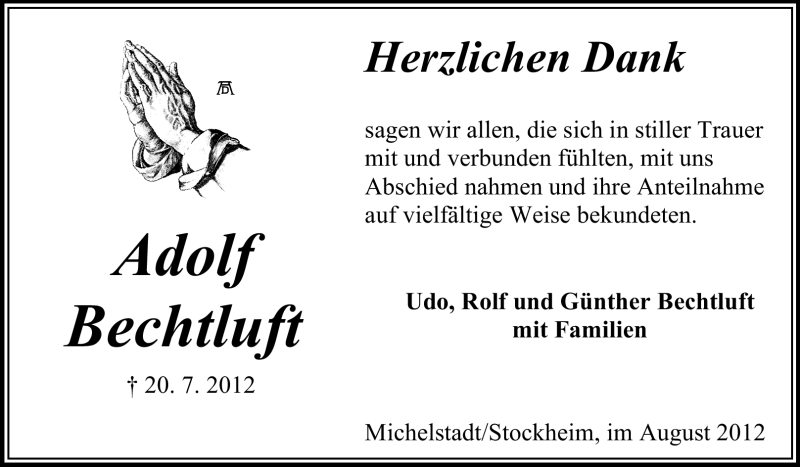  Traueranzeige für Adolf Bechtluft vom 04.08.2012 aus Odenwälder Echo