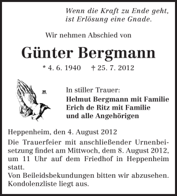 Traueranzeige von Günter Bergmann von Starkenburger Echo