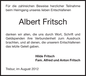 Traueranzeige von Albert Fritsch von Rüsselsheimer Echo, Groß-Gerauer-Echo, Ried Echo