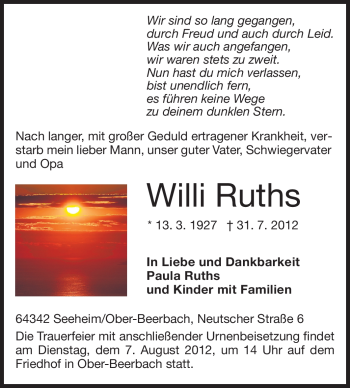 Traueranzeige von Willi Ruths von Echo-Zeitungen (Gesamtausgabe)