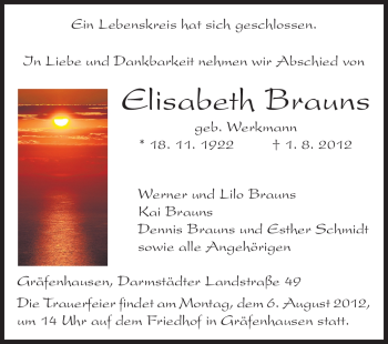 Traueranzeige von Elisabeth Brauns von Echo-Zeitungen (Gesamtausgabe)