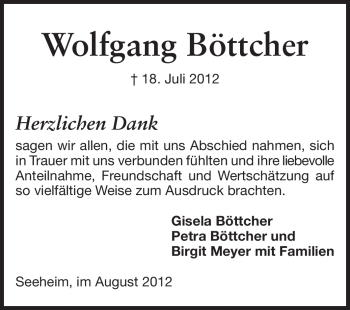 Traueranzeige von Wolfgang Böttcher von Echo-Zeitungen (Gesamtausgabe)