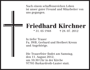 Traueranzeige von Friedhard Kirchner von Rüsselsheimer Echo, Groß-Gerauer-Echo, Ried Echo