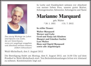 Traueranzeige von Marianne Marquard von Odenwälder Echo