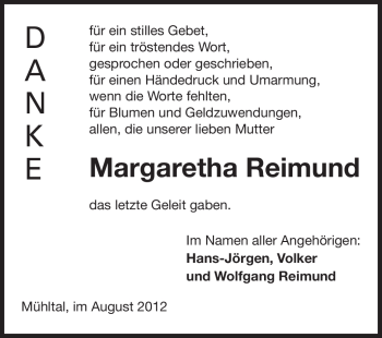 Traueranzeige von Margaretha Reimund von Echo-Zeitungen (Gesamtausgabe)