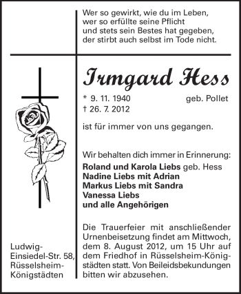 Traueranzeige von Irmgard Hess von Rüsselsheimer Echo, Groß-Gerauer-Echo, Ried Echo