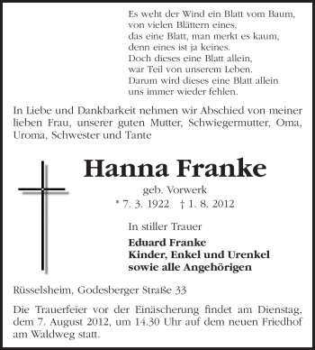 Traueranzeige von Hanna Franke von Rüsselsheimer Echo, Groß-Gerauer-Echo, Ried Echo
