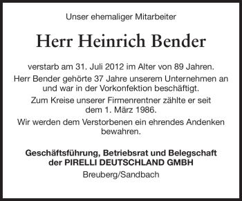 Traueranzeige von Heinrich Bender von Odenwälder Echo
