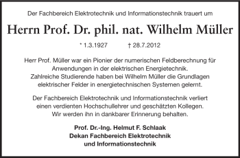 Traueranzeige von Wilhelm Müller von Echo-Zeitungen (Gesamtausgabe)