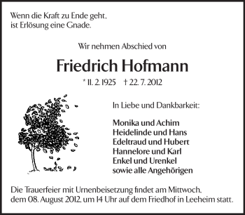 Traueranzeige von Friedrich Hofmann von Rüsselsheimer Echo, Groß-Gerauer-Echo, Ried Echo