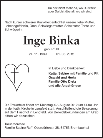 Traueranzeige von Inge Binka von Echo-Zeitungen (Gesamtausgabe)