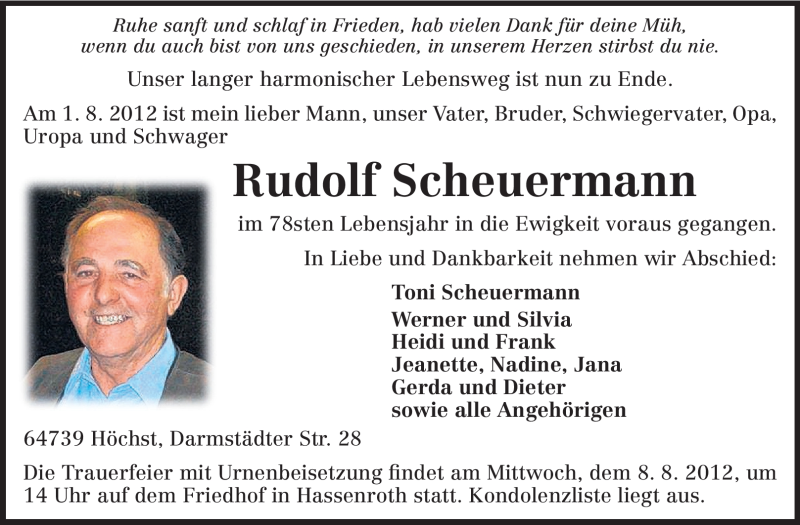  Traueranzeige für Rudolf Scheuermann vom 04.08.2012 aus Echo-Zeitungen (Gesamtausgabe)