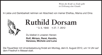 Traueranzeige von Ruthild Dorsam von Echo-Zeitungen (Gesamtausgabe)