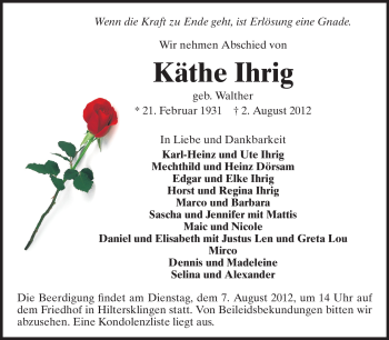 Traueranzeige von Käthe Ihrig von Odenwälder Echo