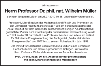 Traueranzeige von Wilhelm Müller von Echo-Zeitungen (Gesamtausgabe)