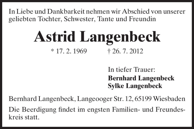  Traueranzeige für Astrid Langenbeck vom 04.08.2012 aus Echo-Zeitungen (Gesamtausgabe)