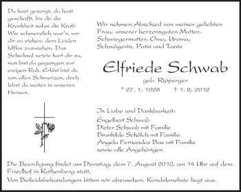 Traueranzeige von Elfriede Schwab von Odenwälder Echo