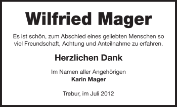 Traueranzeige von Wilfried Mager von Echo-Zeitungen (Gesamtausgabe)