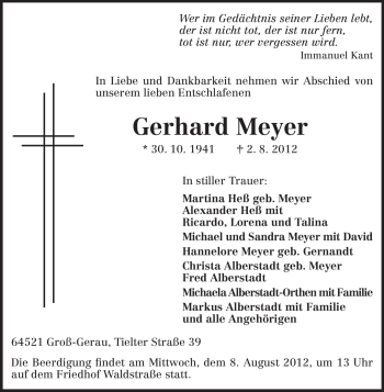 Traueranzeige von Gerhard Meyer von Rüsselsheimer Echo, Groß-Gerauer-Echo, Ried Echo