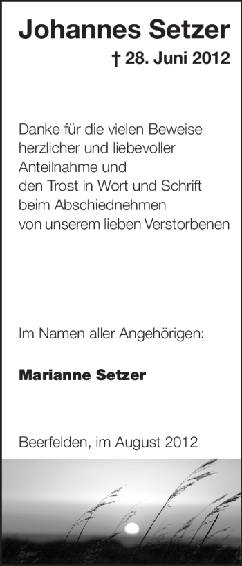 Traueranzeige von Johannes Setzer von Odenwälder Echo