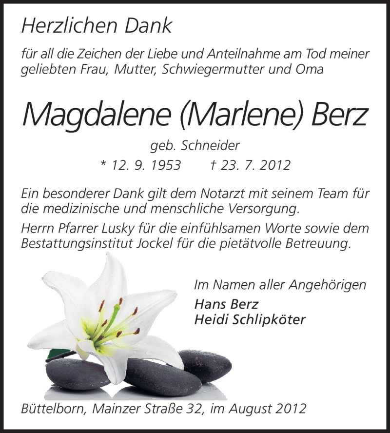  Traueranzeige für Magdalene Berz vom 11.08.2012 aus Rüsselsheimer Echo, Groß-Gerauer-Echo, Ried Echo