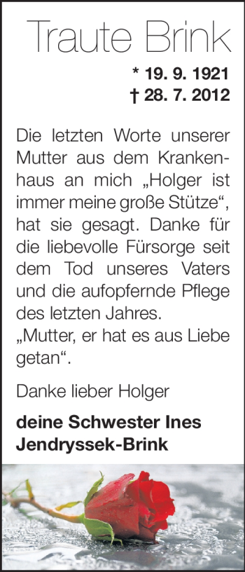 Traueranzeige von Traute Brink von Echo-Zeitungen (Gesamtausgabe)