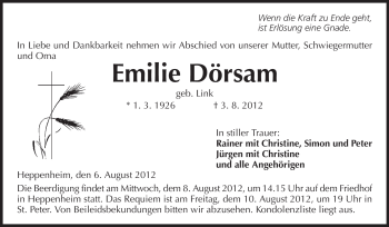 Traueranzeige von Emilie Dörsam von Starkenburger Echo