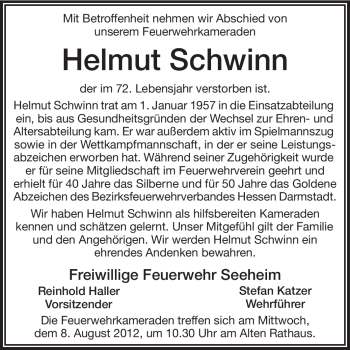 Traueranzeige von Helmut Schwinn von Echo-Zeitungen (Gesamtausgabe)