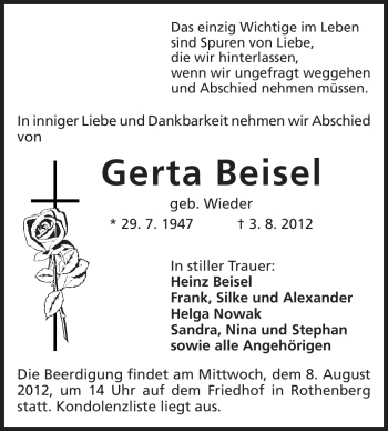 Traueranzeige von Gerta Beisel von Odenwälder Echo