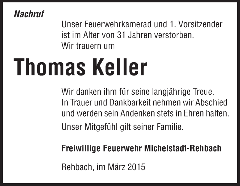  Traueranzeige für Thomas Keller vom 13.03.2015 aus Odenwälder Echo
