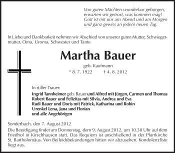 Traueranzeige von Martha Bauer von Starkenburger Echo