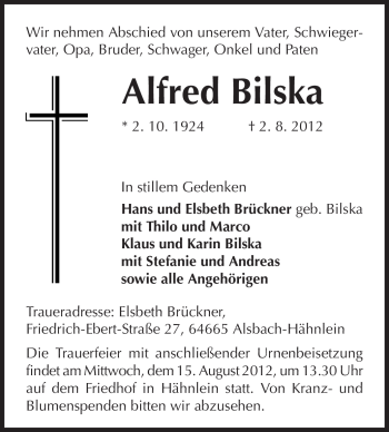 Traueranzeige von Alfred Bilska von Echo-Zeitungen (Gesamtausgabe)