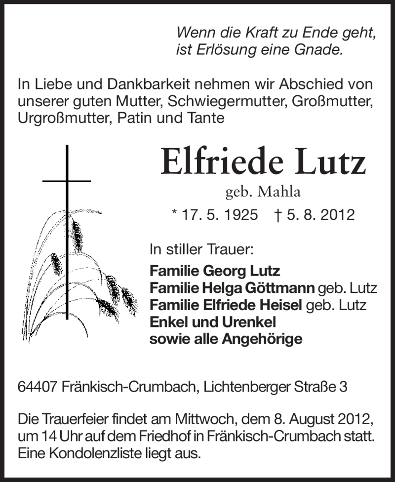  Traueranzeige für Elfriede Lutz vom 07.08.2012 aus Echo-Zeitungen (Gesamtausgabe)