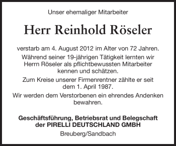 Traueranzeige von Reinhold Röseler von Odenwälder Echo
