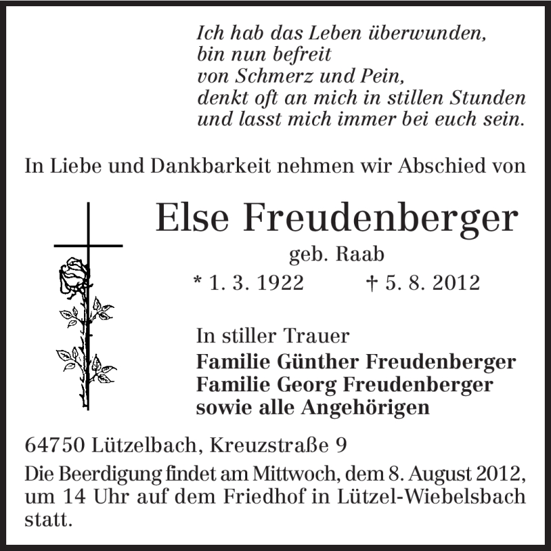  Traueranzeige für Else Freudenberger vom 07.08.2012 aus Odenwälder Echo