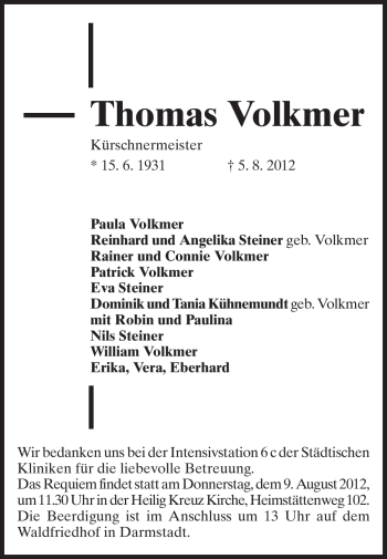 Traueranzeige von Thomas Volkmer von Echo-Zeitungen (Gesamtausgabe)