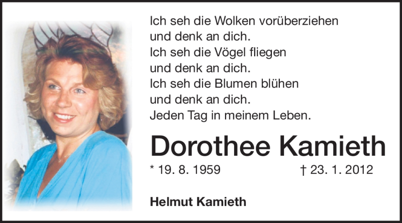  Traueranzeige für Dorothee Kamieth vom 18.08.2012 aus Echo-Zeitungen (Gesamtausgabe)