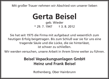Traueranzeige von Gerta Beisel von Odenwälder Echo