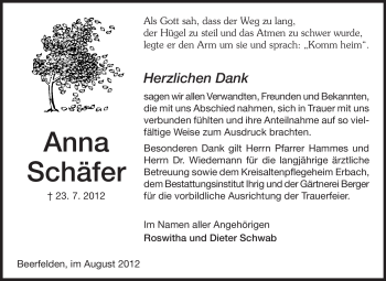 Traueranzeige von Anna Schäfer von Odenwälder Echo