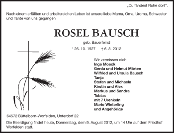 Traueranzeige von Rosel Bausch von Rüsselsheimer Echo, Groß-Gerauer-Echo, Ried Echo