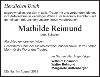 Traueranzeige von Mathilde Reimund von Echo-Zeitungen (Gesamtausgabe)