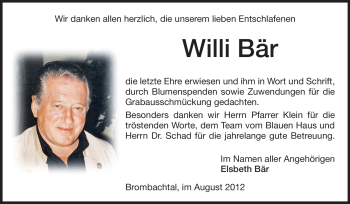 Traueranzeige von Willi Bär von Odenwälder Echo