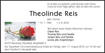 Traueranzeige von Theolinde Reis von Odenwälder Echo